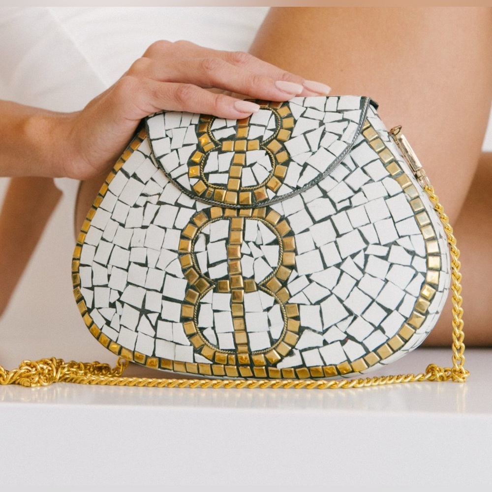 Ramla Mosaic Crossbody Bag - White and Gold